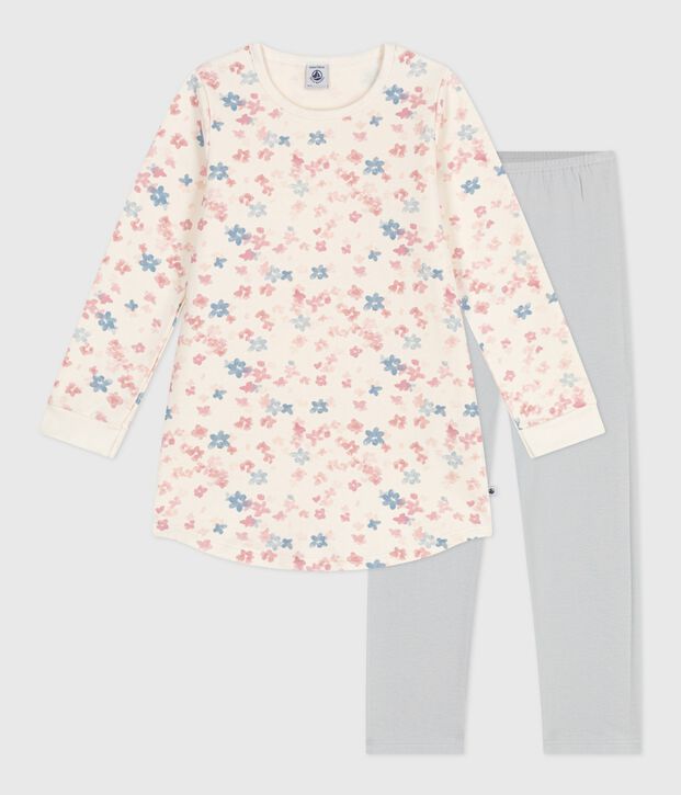 Chemise de nuit et legging enfant en molleton imprim&eacute; fleurs &eacute;cru/multicouleur