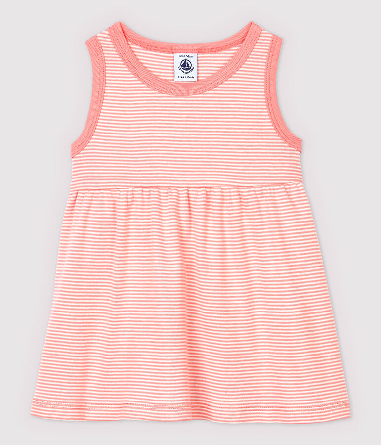 Robe ray&eacute;e sans manches en c&ocirc;te b&eacute;b&eacute; fille rose GRETEL/blanc MARSHMALLOW