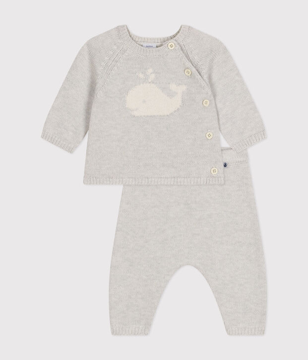 Ensemble 2 pi&egrave;ces en tricot laine et coton b&eacute;b&eacute; beige chin&eacute;