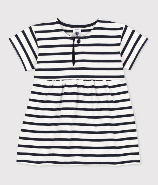 Robe manches courtes bébé rayée marinière en jersey épais blanc MARSHMALLOW/bleu SMOKING