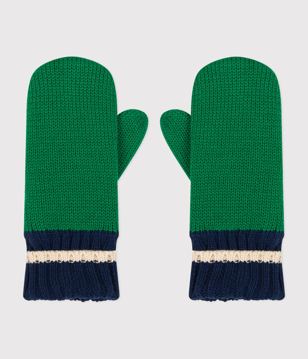 Moufles en tricot doubl&eacute; en polaire enfant vert/multicouleur