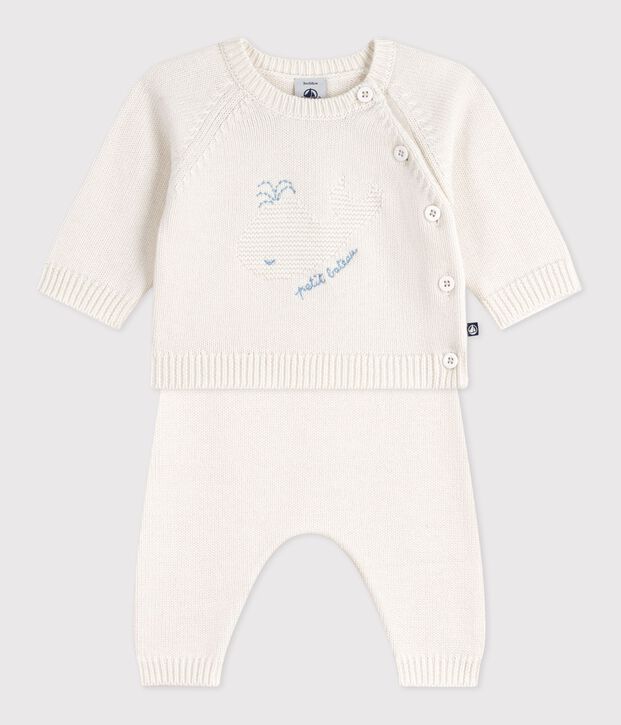 Ensemble 2 pi&egrave;ces b&eacute;b&eacute; en tricot laine et coton et motif baleine blanc