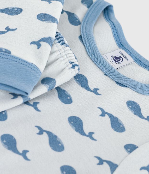 Pyjama enfant en velours imprim&eacute; baleines bleu/bleu