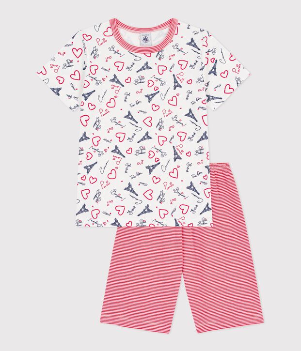Pyjama short long enfant en coton imprim&eacute; Paris blanc/multicouleur