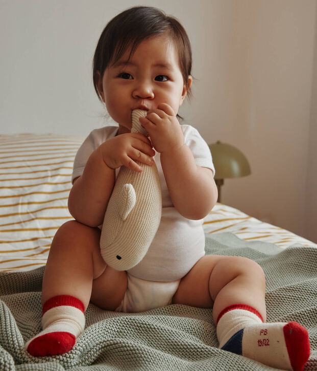 Couverture et doudou en tricot pour b&eacute;b&eacute; vert/blanc
