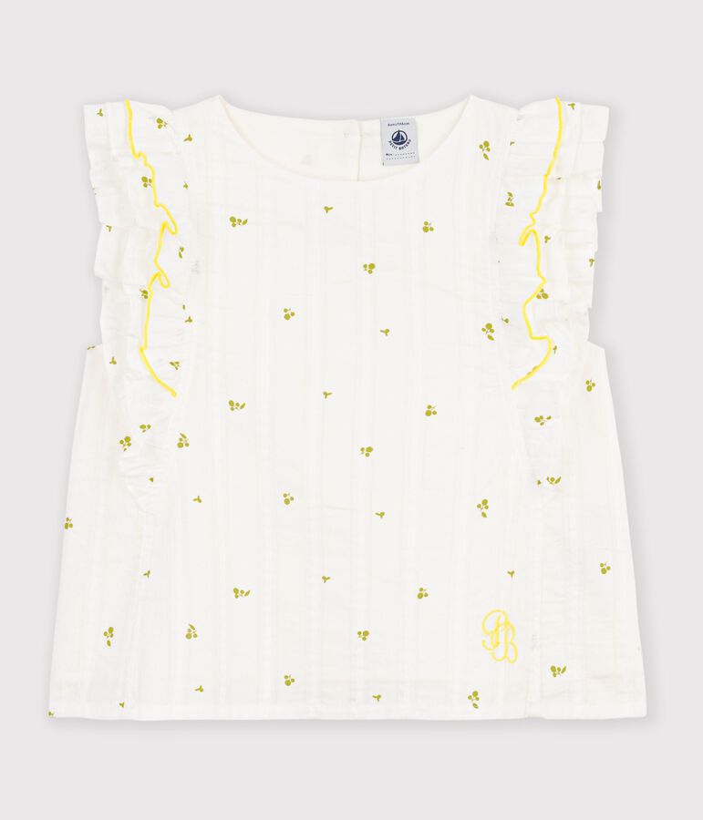 Blouse enfant en coton sans manche imprim&eacute;e fleurs blanc/vert