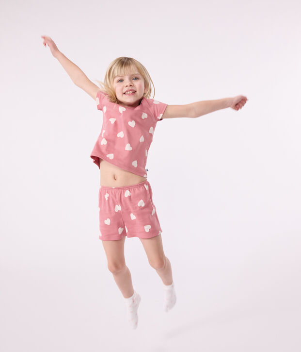 Pyjama short enfant en coton coeurs rose/blanc