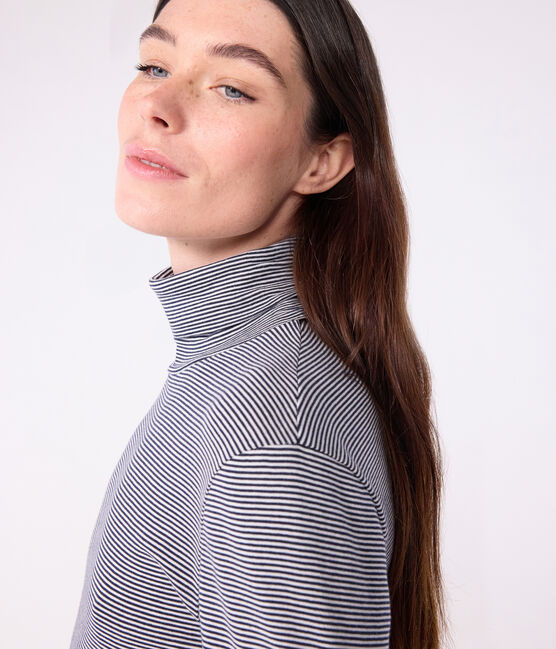 Sous-pull femme l'iconique en coton bleu SMOKING/blanc MARSHMALLOW