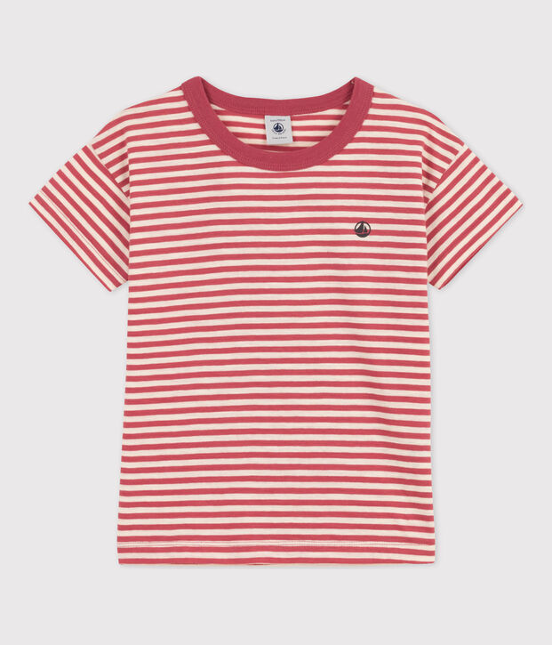 Tee-shirt ray&eacute; en coton enfant gar&ccedil;on rose/&eacute;cru