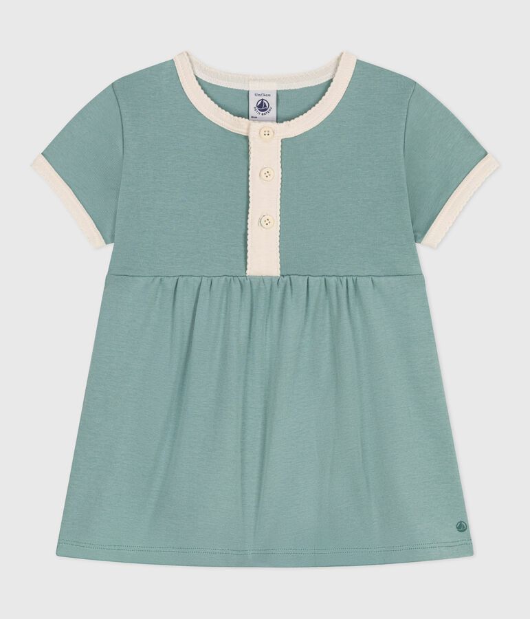 Robe b&eacute;b&eacute; en coton manches courtes, unie &agrave; d&eacute;tails contrast&eacute;s vert PAUL