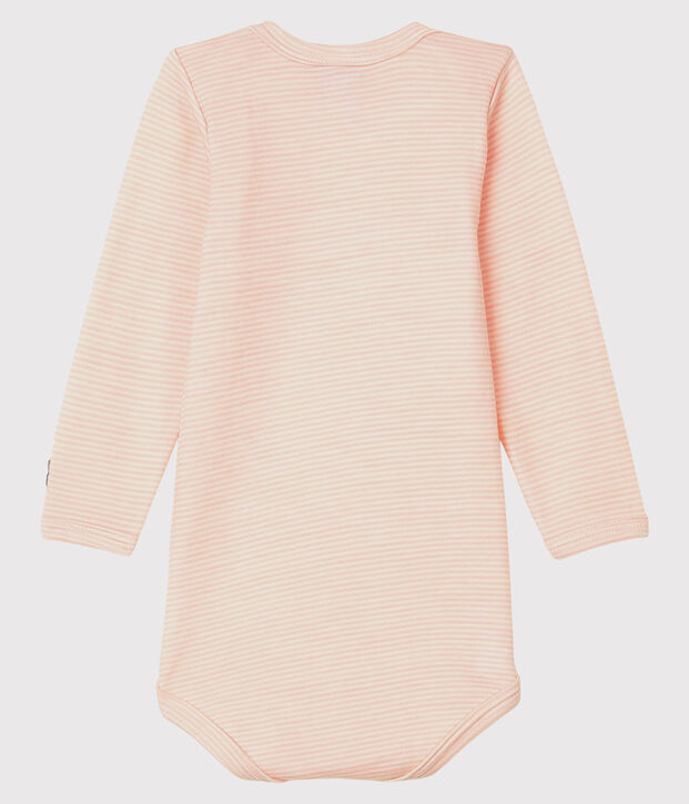 Body manches longues &agrave; rayures b&eacute;b&eacute; en laine et coton rose/blanc