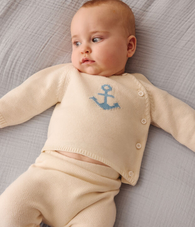 Ensemble b&eacute;b&eacute; deux pi&egrave;ces en tricot laine et coton, jacquard blanc