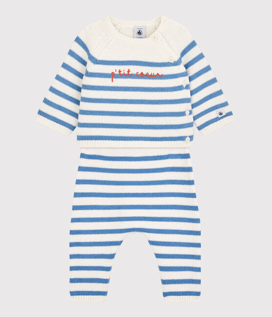 Ensemble 2 pièces marinière bébé en tricot laine et coton blanc MARSHMALLOW/bleu ALASKA