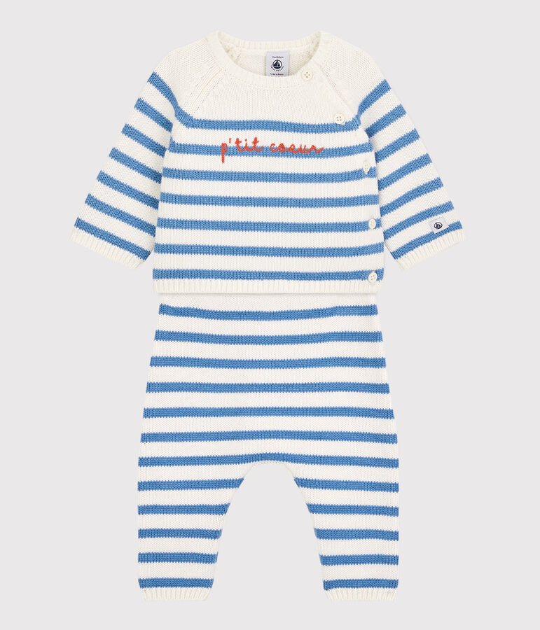 Ensemble 2 pi&egrave;ces marini&egrave;re b&eacute;b&eacute; en tricot laine et coton blanc/bleu