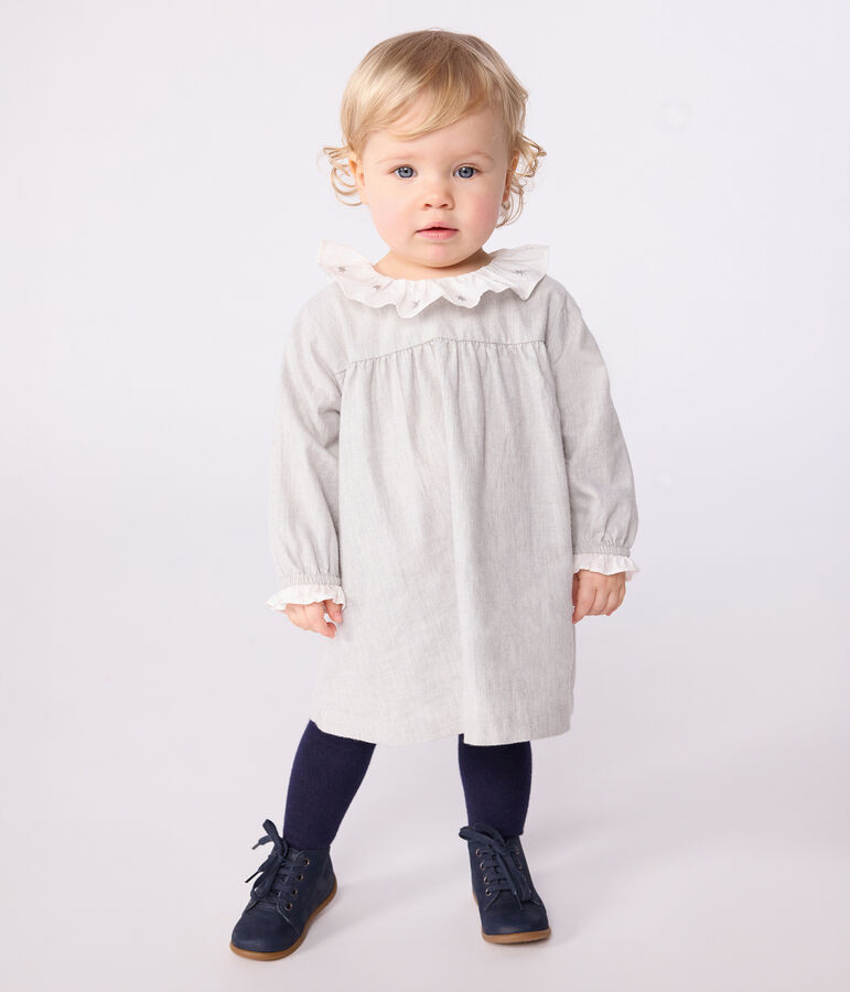 Robe b&eacute;b&eacute; en flanelle manches longues unie &agrave; col gris FUMEE CHINE