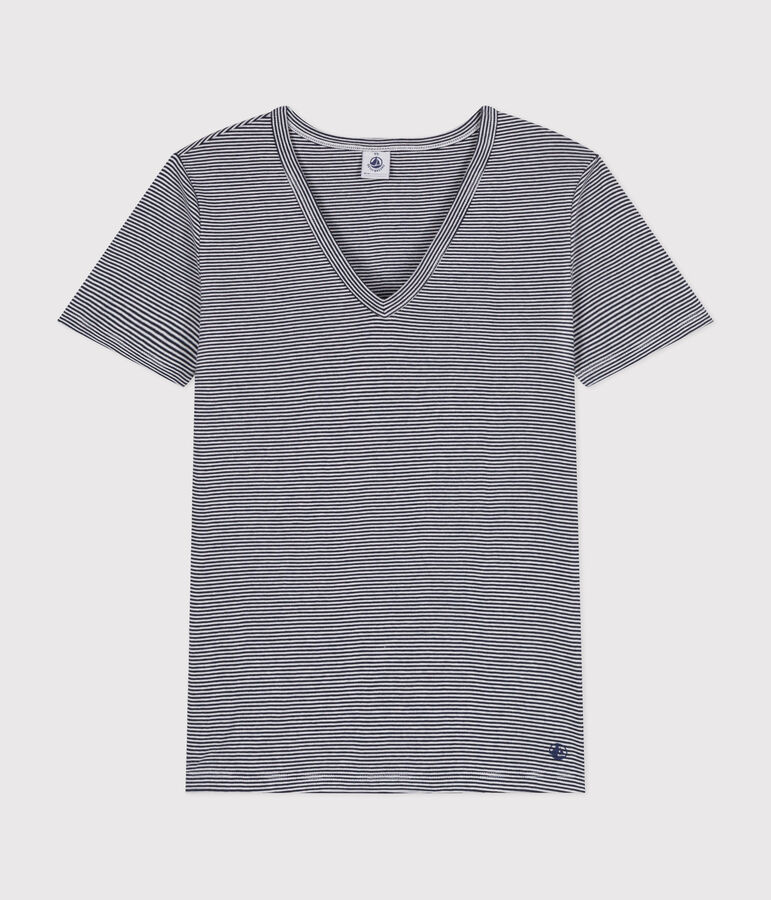 Tee-shirt l'Iconique col V en coton ray&eacute; femme bleu SMOKING/blanc MARSHMALLOW