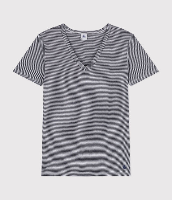 Tee-shirt l'Iconique col V en coton rayé femme bleu SMOKING/blanc MARSHMALLOW