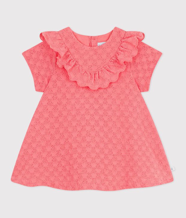 Robe b&eacute;b&eacute; en broderie anglaise manches courtes, motifs c&oelig;urs corail