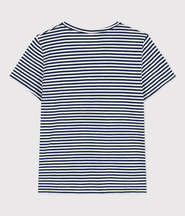 Tee-shirt LE DROIT col rond en coton Femme bleu/blanc
