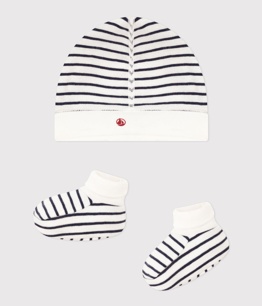 Lot de bonnet et chausson bébé en coton marinière (Petit Bateau) - Couverture