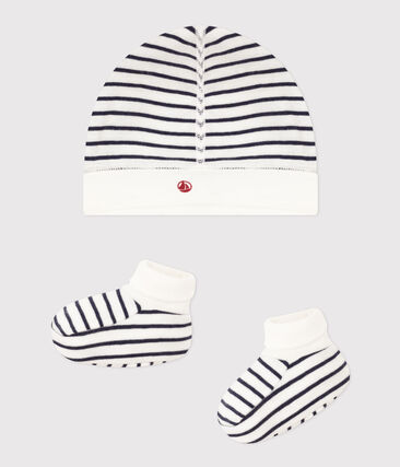 Lot de bonnet et chausson bébé en coton marinière