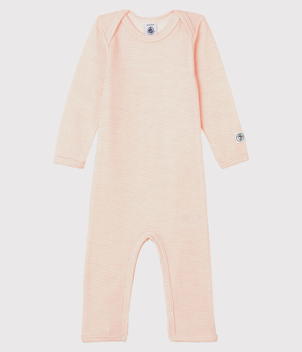 Body jambes longues &agrave; rayures b&eacute;b&eacute; en laine et coton rose/blanc