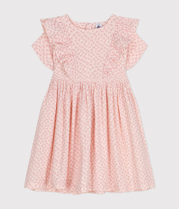 Robe imprim&eacute;e manches courtes en gaze de coton enfant fille &eacute;cru/rose