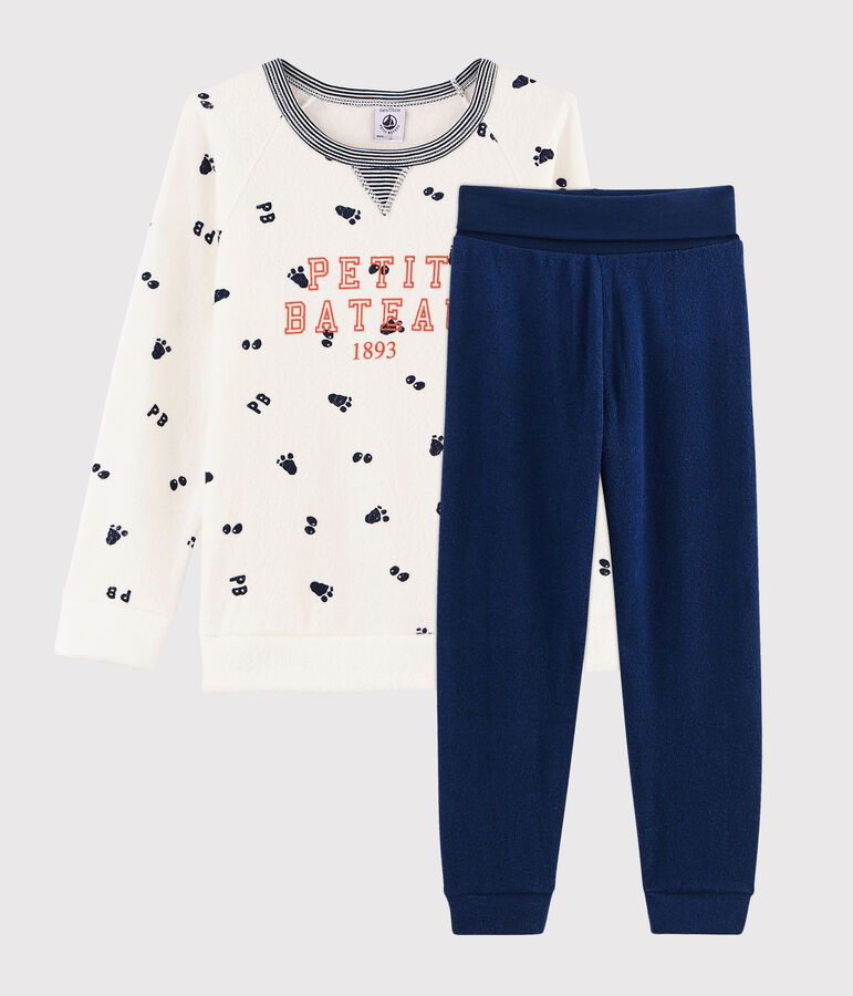 Pyjama petit gar&ccedil;on taille montante en bouclette &eacute;ponge gratt&eacute;e blanc/bleu