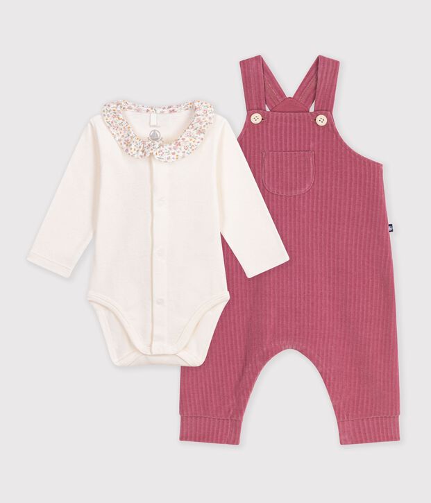 Ensemble salopette et body b&eacute;b&eacute; en coton avec col uni rose/&eacute;cru