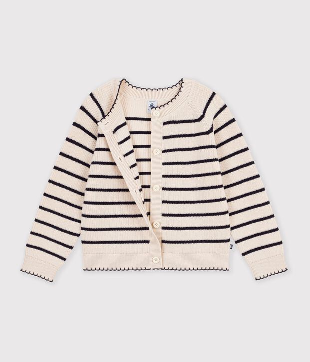 Cardigan enfant en laine et coton &agrave; rayures &eacute;cru/bleu