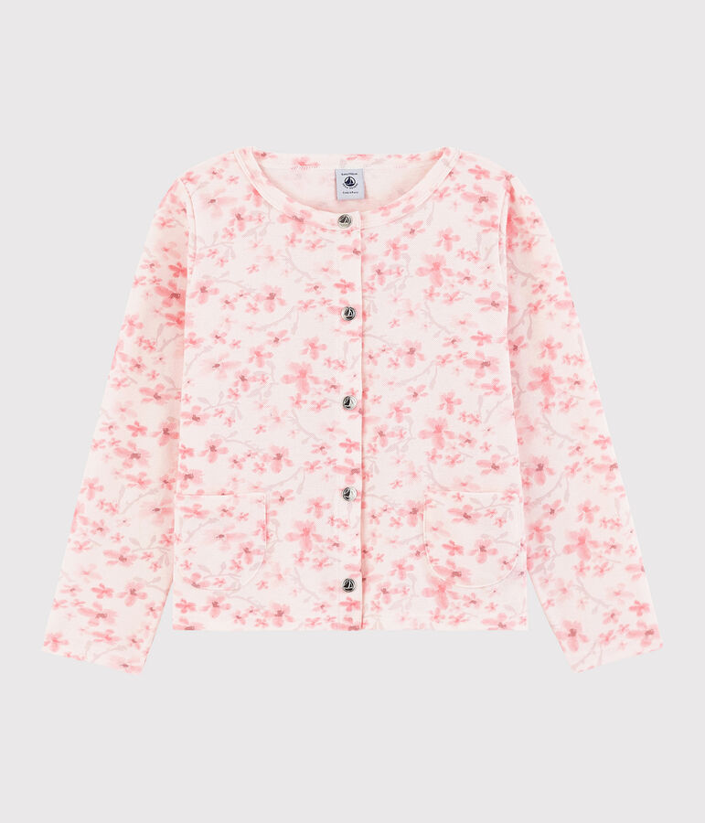 Cardigan en jersey piqu&eacute; enfant fille rose FLEUR/blanc MULTICO