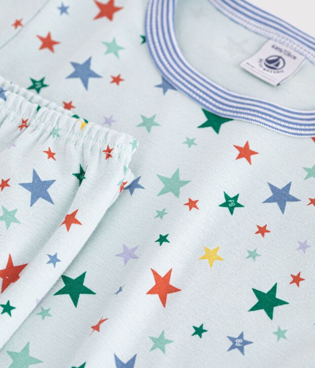 Pyjama enfant en coton manches courtes jambes longues imprim&eacute; bleu/multicouleur