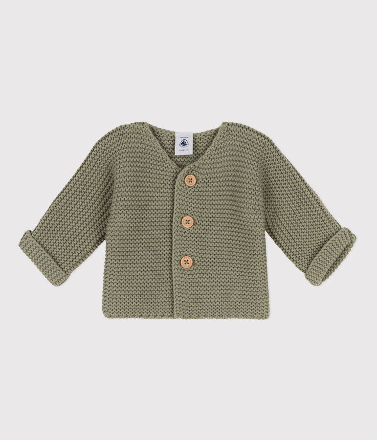 Cardigan b&eacute;b&eacute; tricot point mousse en coton vert MARECAGE