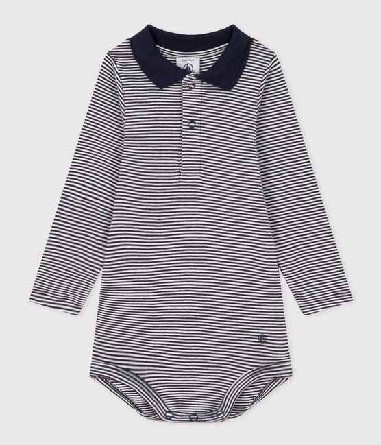 Body manches longues rayé à col en coton bébé bleu SMOKING/blanc MARSHMALLOW