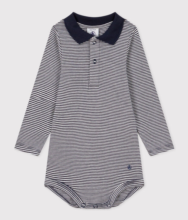 Body manches longues ray&eacute; &agrave; col en coton b&eacute;b&eacute; bleu/blanc