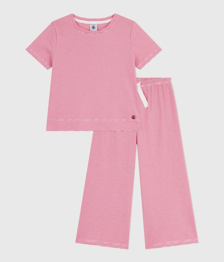 Pyjama enfant en coton manches courtes jambes larges &agrave; rayures rose PEONIA/ MARSHMALLOW