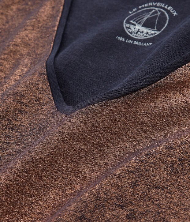 Tee-shirt manches courtes uni femme en lin iris&eacute; bleu/rose