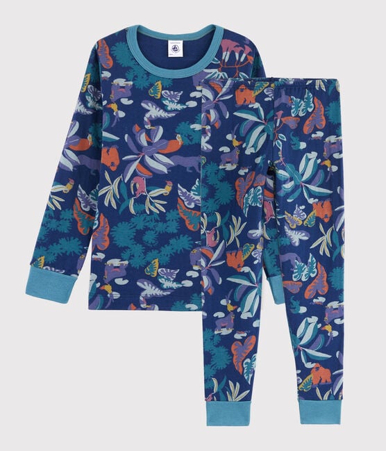 Pyjama imprimé jungle petit garçon en tubique bleu MEDIEVAL/blanc MULTICO