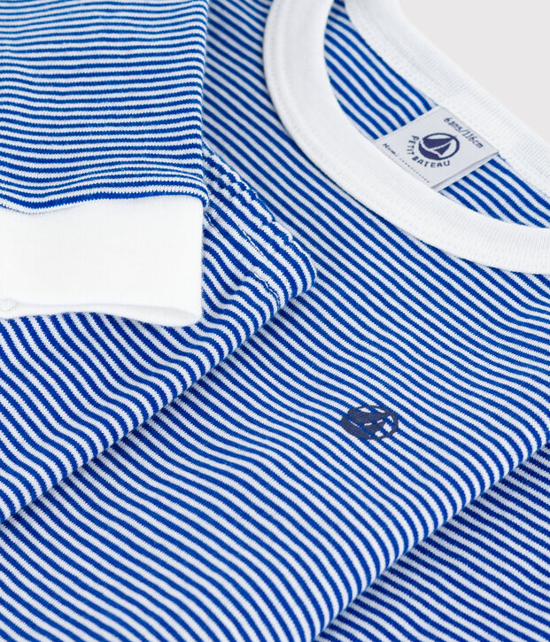 Pyjama enfant en coton jambes tr&egrave;s ajust&eacute;es &agrave; rayures bleu/blanc