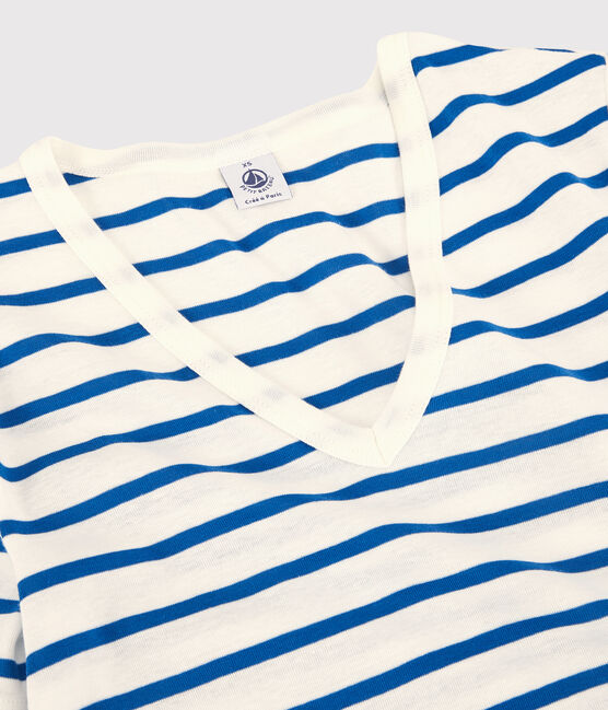 Tee-shirt L'ICONIQUE col V en coton bio Femme blanc MARSHMALLOW/bleu DELFT