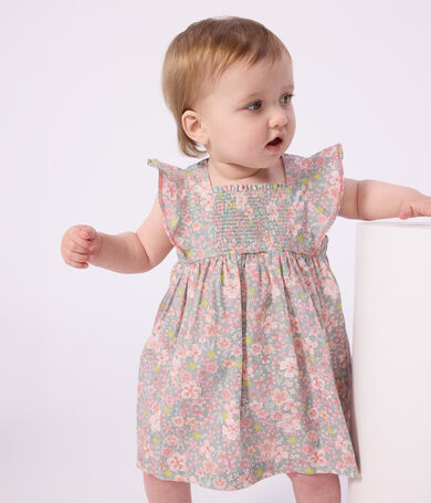 Robe b&eacute;b&eacute; en coton manches courtes et son bloomer imprim&eacute;s fleurs