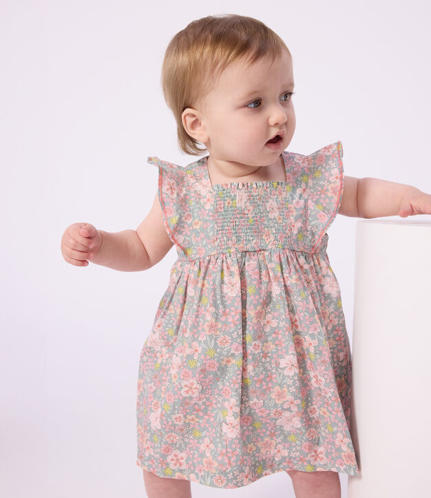 Robe b&eacute;b&eacute; en coton manches courtes et son bloomer imprim&eacute;s fleurs bleu/multicouleur