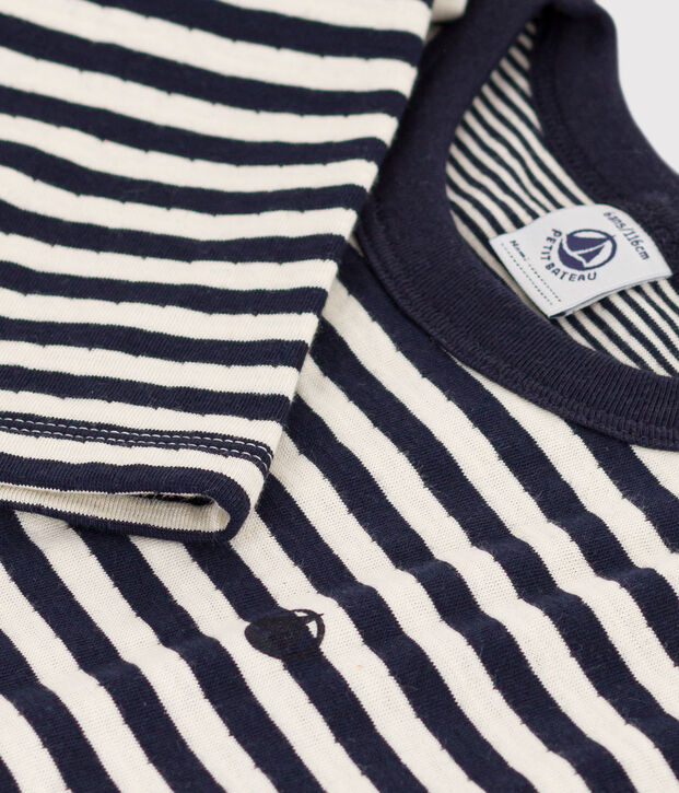 Tee-shirt manches longues en tubique enfant gar&ccedil;on bleu/&eacute;cru