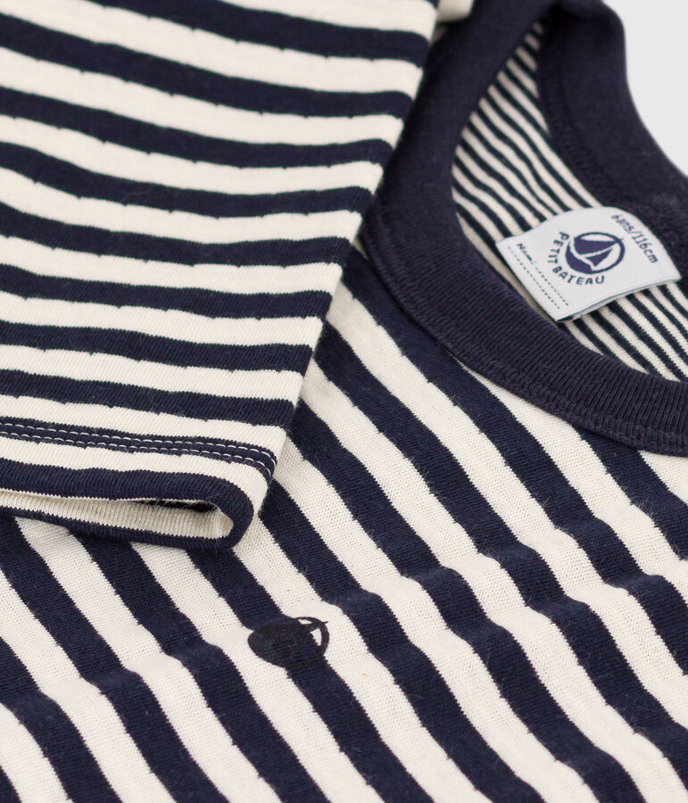 Tee-shirt manches longues en tubique enfant gar&ccedil;on bleu/&eacute;cru