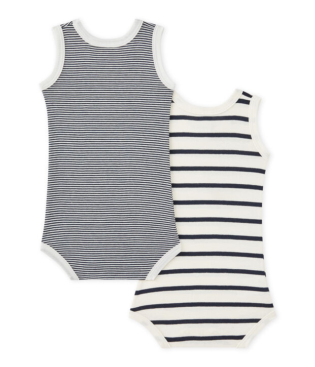 Lot de 2 bodies b&eacute;b&eacute; gar&ccedil;on sans manches ray&eacute;s blanc