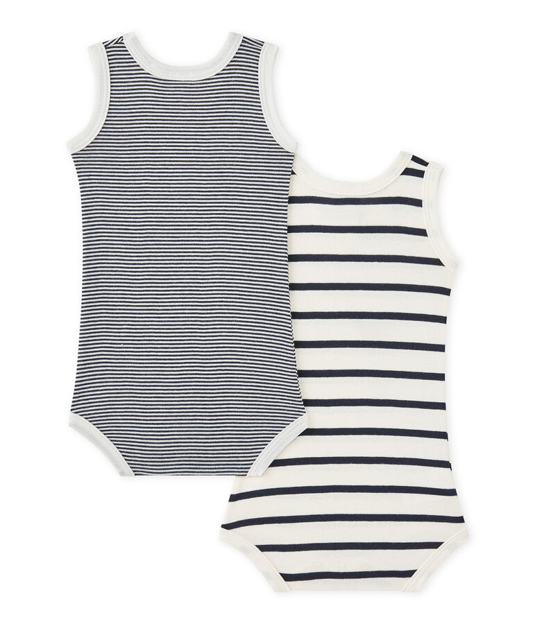 Lot de 2 bodies b&eacute;b&eacute; gar&ccedil;on sans manches ray&eacute;s blanc LOT