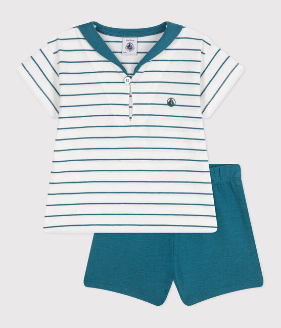 Ensemble bébé deux pièces en coton, t-shirt rayé, et short uni vert MARSHMALLOW/ DRAGONFLY