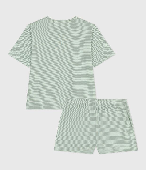 Pyjama short femme en coton &agrave; rayures vert/blanc