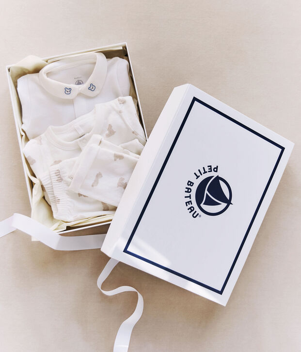 Ensemble cadeau 3 pi&egrave;ces b&eacute;b&eacute; imprim&eacute; ourson en coton blanc/BRUN