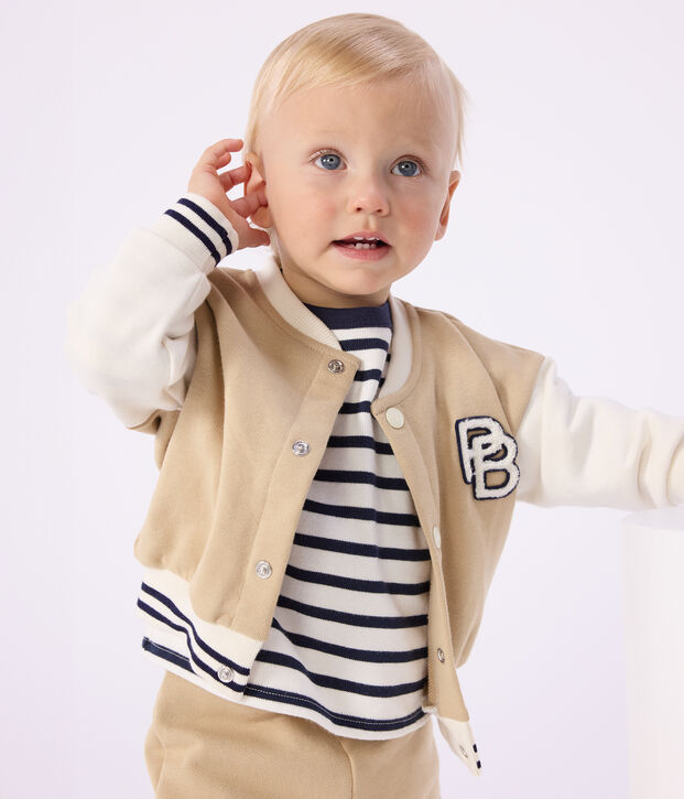 Veste teddy b&eacute;b&eacute; en coton colorblock et badge beige/&eacute;cru